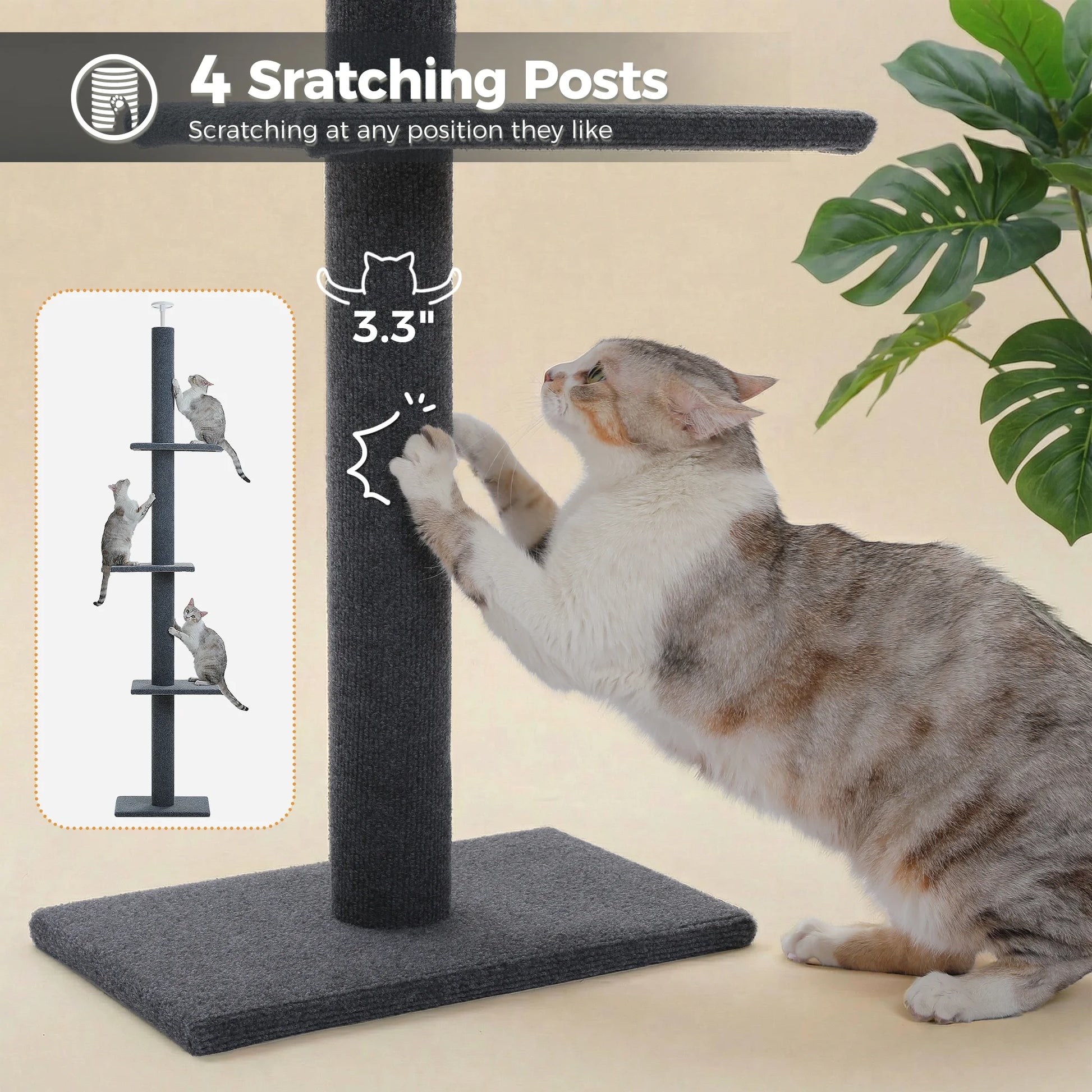 90-107" Floor to Ceiling Cat Tree Tower 4 Tier Tall Cat Climbing Posts Adjustable, Gray