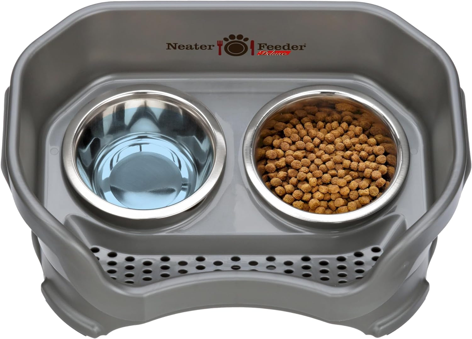 Neater Feeder Deluxe Mess Proof Dog Bowls Elevated for Small Dogs under 19 Lbs, Made in USA, No Spill Raised Dog Food Bowl Stand Feeding Station, Food and Water Bowl Set, Gunmetal