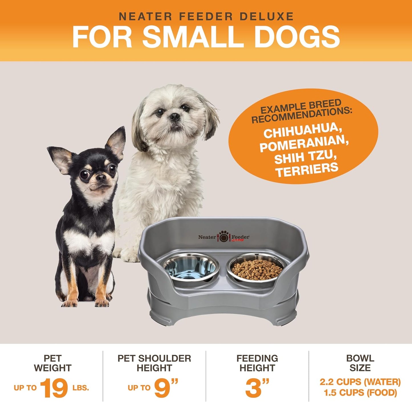 Neater Feeder Deluxe Mess Proof Dog Bowls Elevated for Small Dogs under 19 Lbs, Made in USA, No Spill Raised Dog Food Bowl Stand Feeding Station, Food and Water Bowl Set, Gunmetal