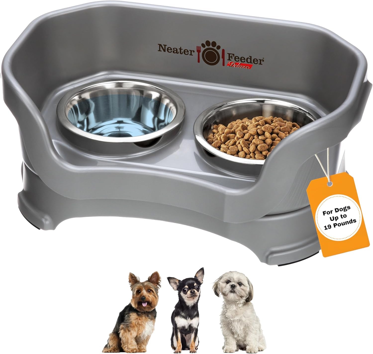 Neater Feeder Deluxe Mess Proof Dog Bowls Elevated for Small Dogs under 19 Lbs, Made in USA, No Spill Raised Dog Food Bowl Stand Feeding Station, Food and Water Bowl Set, Gunmetal