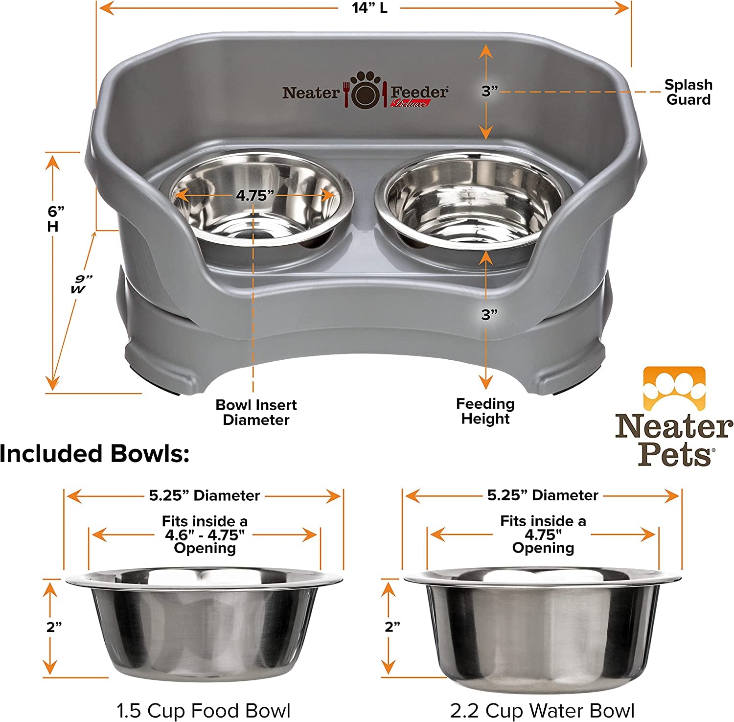 Neater Feeder Deluxe Mess Proof Dog Bowls Elevated for Small Dogs under 19 Lbs, Made in USA, No Spill Raised Dog Food Bowl Stand Feeding Station, Food and Water Bowl Set, Gunmetal