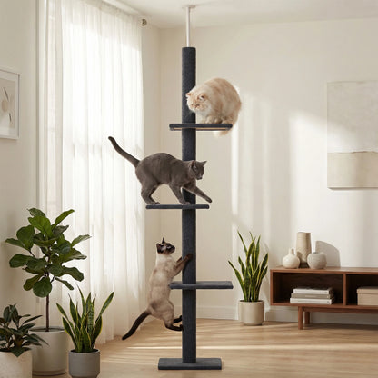 90-107" Floor to Ceiling Cat Tree Tower 4 Tier Tall Cat Climbing Posts Adjustable, Gray